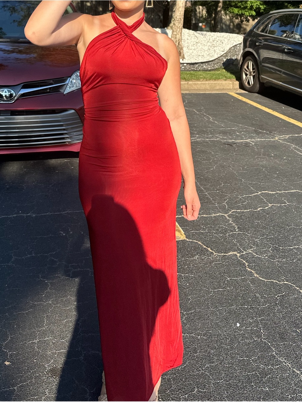 Meshki Red Twisted Halter Backless Maxi Dress